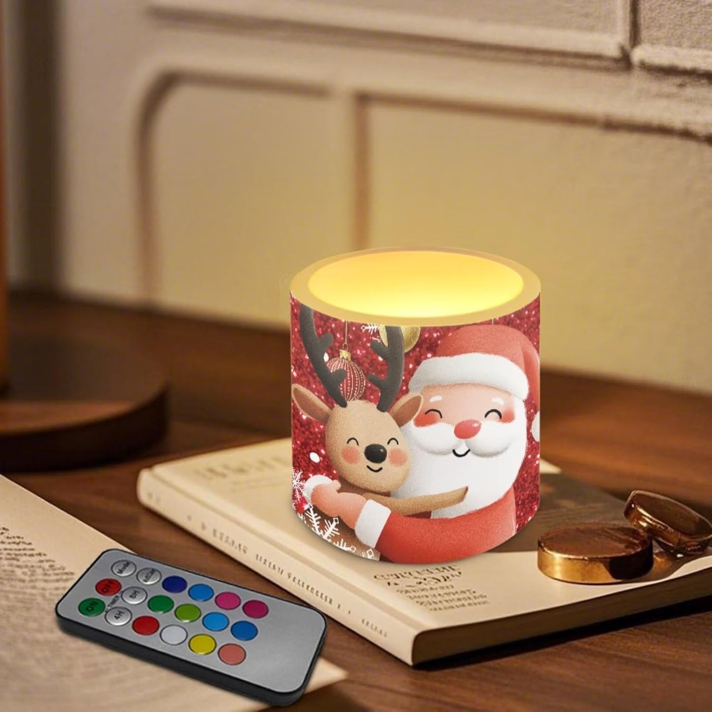 Poceacles Christmas LED Flameless Candles Set of 4 Multi-Color Battery Operated Fake Flickering Candles with Remote and Timer, for Holiday Festival Decorations, Santa Claus Reindeer Red