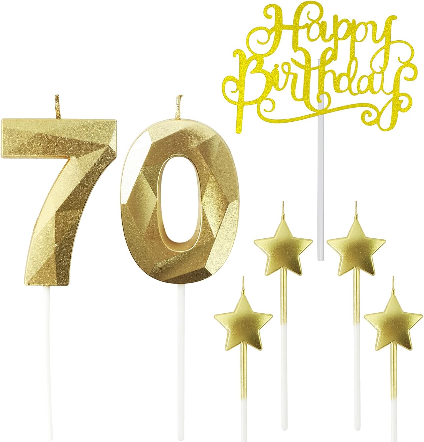 Golden Number 70 Birthday Candles and Star Birthday Candles 2.76 inch Birthday Cake Candles 3D Diamond Shaped Candles are Suitable for Birthday Parties and Anniversary Cake Decorations Candles
