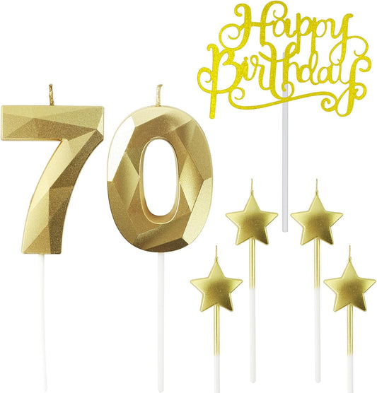 Golden Number 70 Birthday Candles and Star Birthday Candles 2.76 inch Birthday Cake Candles 3D Diamond Shaped Candles are Suitable for Birthday Parties and Anniversary Cake Decorations Candles