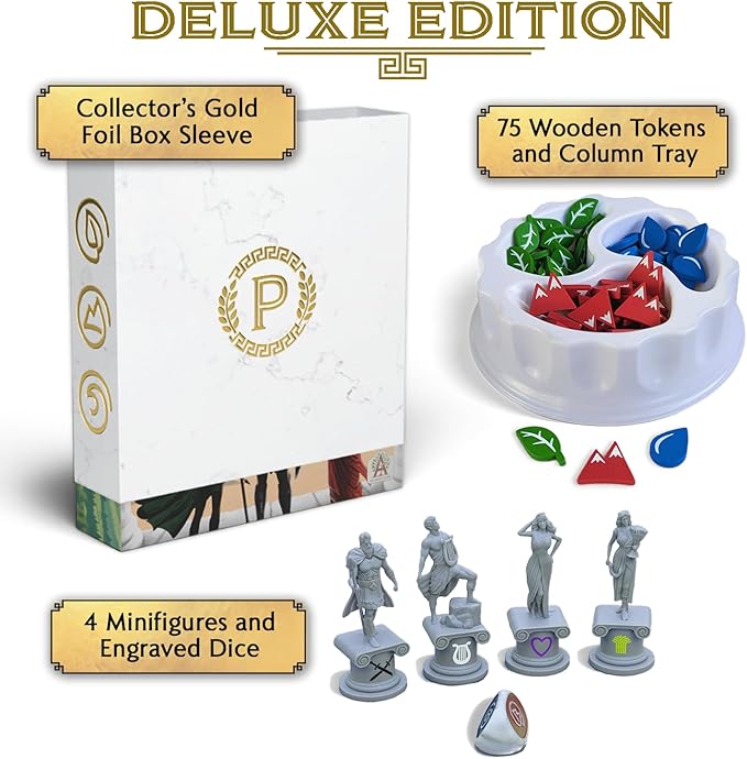 Pantheum: Deluxe Edition | Family Strategy Board Game for Greek Mythology Fans | 1–4 Players | Ages 12+ | 45–60 Min Playtime | Includes Gold Foil Sleeve, Minifigures, Engraved Dice and Wooden Tokens