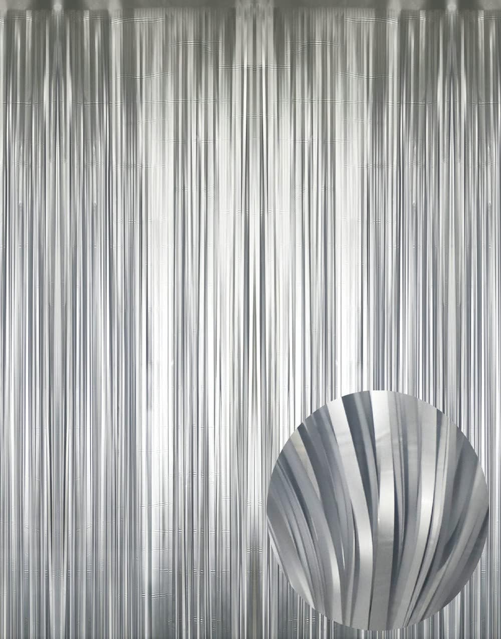 GOER 3.2 ft x 8.2 ft Metallic Tinsel Foil Fringe Curtains,Party Streamer Backdrop for Birthday,Graduation Decorations and New Year Eve (2 Pcs,Matte Silver,Thick Material)