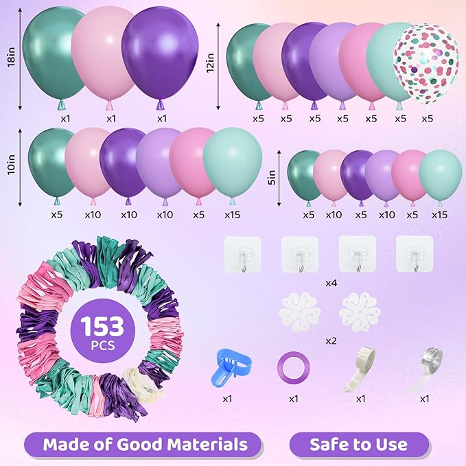 Amandir 153pcs Mermaid Balloon Garland Arch Kit, Different Sizes 18 12 10 5 inch Purple Pink Green Latex Metallic Confetti Balloons for Girl Ocean Themed Party Decorations