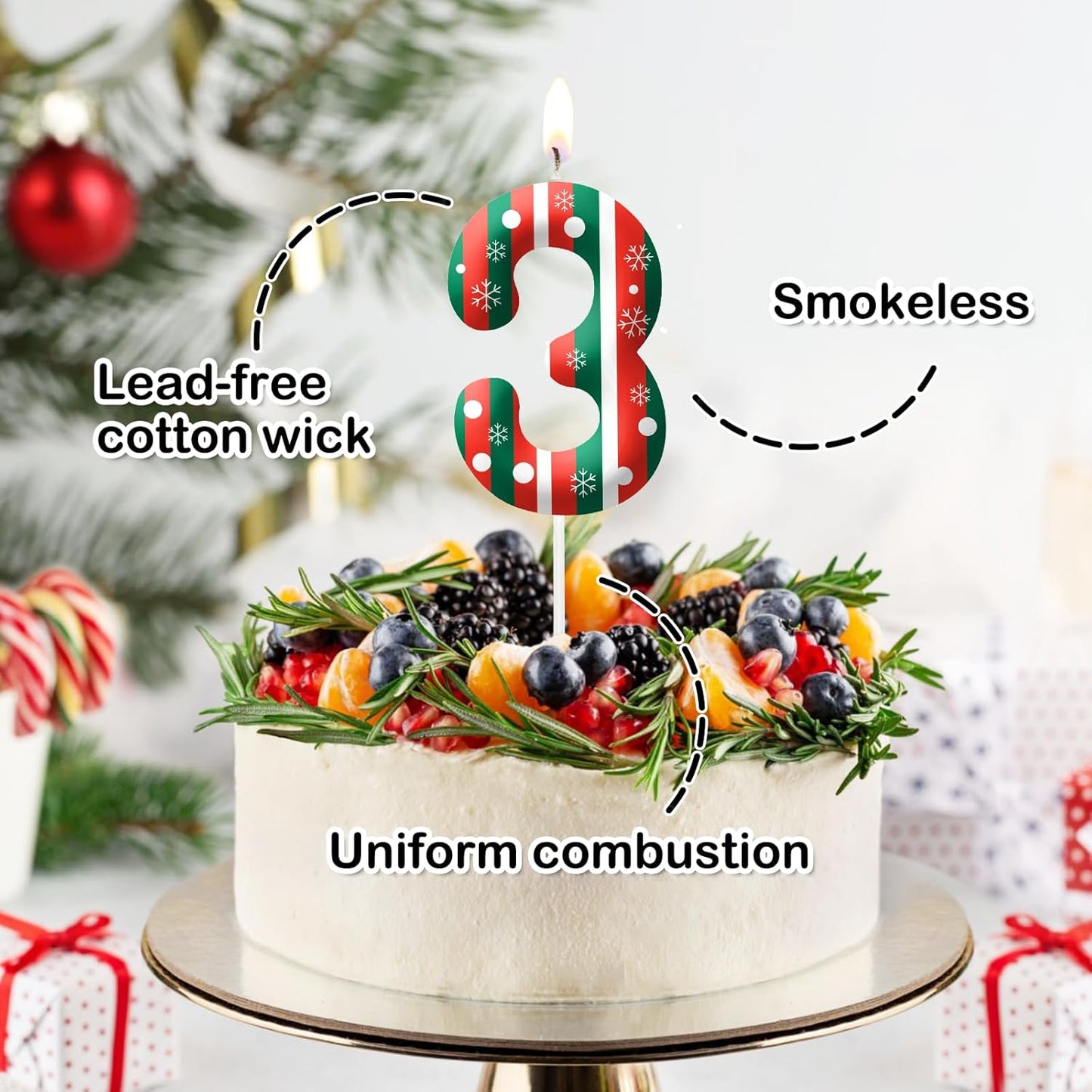 Christmas Themed Birthday Candles for Cake, Number 4th Candle, Happy Birthday Cake Topper for Boys Girls, Christmas Birthday Party Decorations Supplies Gifts