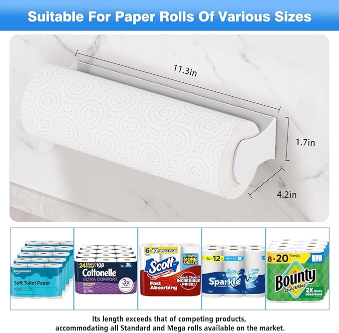 Paper Towel Holder Under Cabinet, White, Adhesive & Wall Mount, Under Counter Paper Towel Rack for Kitchen and Bathroom, Home and Kitchen Decor