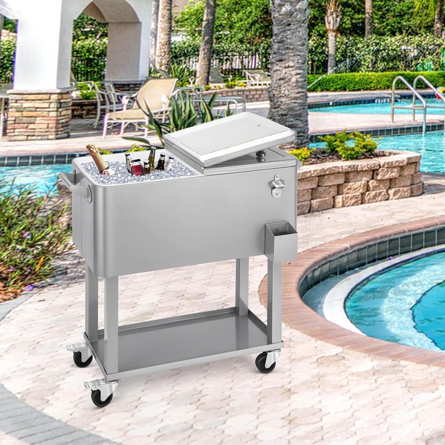 EDOSTORY 80 Quart Rolling Ice Chest Cooler Cart,Patio Backyard Party Drink Beverage Bar Stand Up Cooler Trolley with Ice Scoop