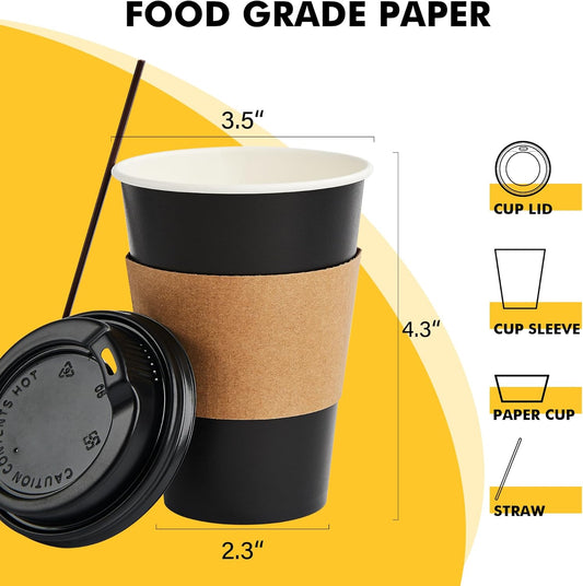 50 Pack 12 oz Coffee Cups with Lids, Black Disposable Coffee Cups with Lids, Sleeves and Stirring Sticks, Hot Paper Coffee Cup 14 oz for Hot Drinks, Parties, Picnic, Travel, and Events