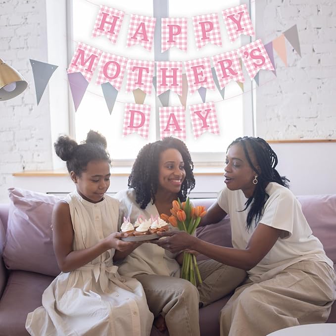 Happy Mother's Day Banner Set Decoration for Mother's Day Party Decorations Backdrop Garland for Mom Mother's Day Glitter Garland Photo Props (Pink)