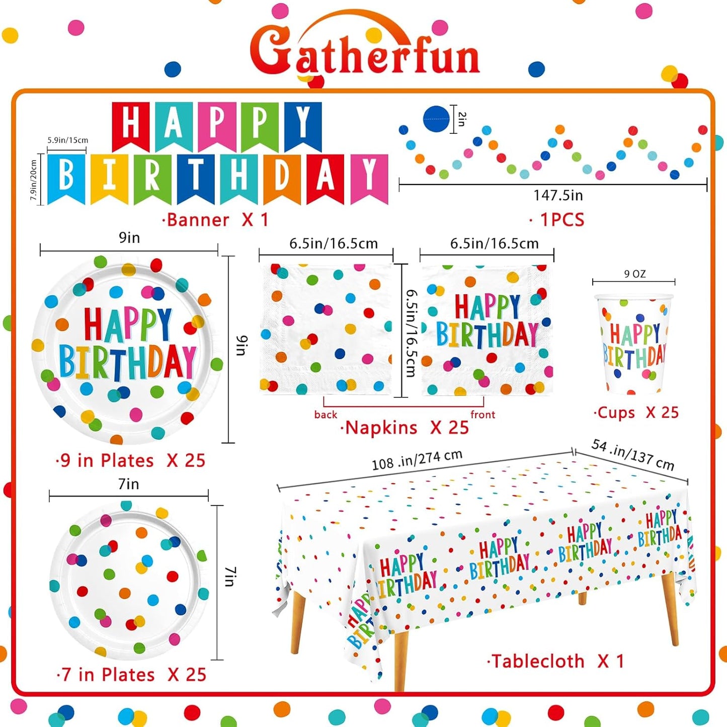 Happy Birthday Decorations: Happy Birthday Party Supplies Set with Birthday Dots Design- Includes Disposable Paper Birthday Plates and Napkins, Cups, Tablecloth, and Banner for decorations, Serves 25.