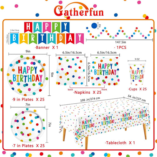 Happy Birthday Decorations: Happy Birthday Party Supplies Set with Birthday Dots Design- Includes Disposable Paper Birthday Plates and Napkins, Cups, Tablecloth, and Banner for decorations, Serves 25.
