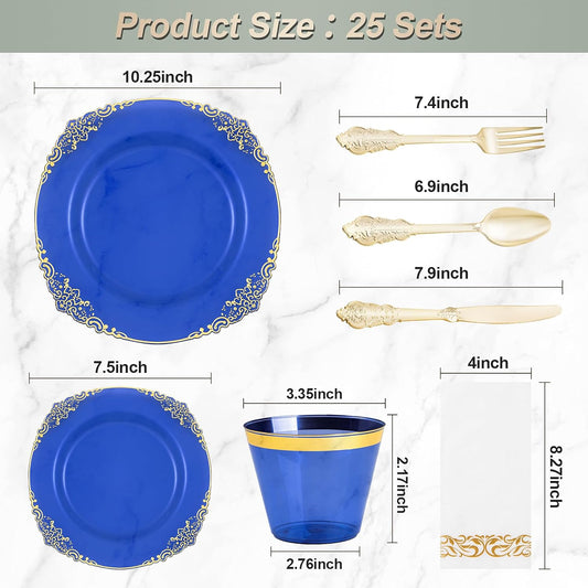 175PCS Clear Blue Plastic Plates for 25 Guests, Disposable Plates with Gold Trim include 25 Dinner and Dessert Plates, 75 Gold Silverware, 25 Cups, 25 Napkins for Party, Wedding & Graduation
