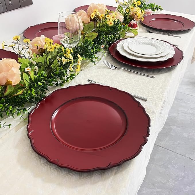 Antique Red Charger Plates Set of 6, 13" Plate Charger for Dinner Plates, Plastic Round charger plates bulk Wedding, Events, Party, Tabletop Decor.