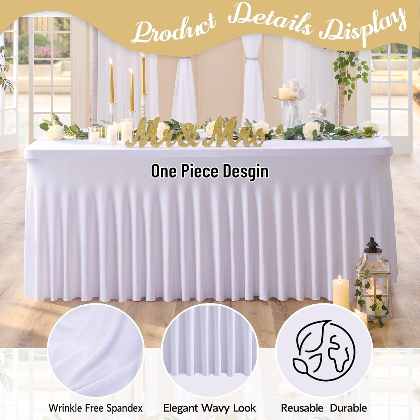 Outpain White Spandex Table Clothes for 6 Foot Rectangle Tables-12Pack 6FT Spandex Fitted Table Cover, Wrinkle Free Tablecloths with Skirt for Parties, Wedding, Birthday, Banquet, Festival