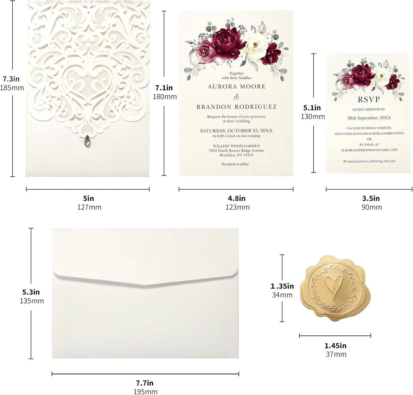 50pcs Laser Cut Wedding Invitations with Envelopes and RSVP Cards Burgundy and Ivory White, 5x7.3 Personalized Invitation Cards for Wedding, Anniversary Invitations with Rhinestone