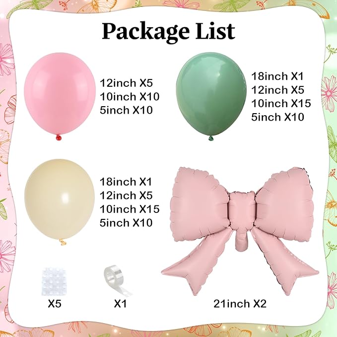 Sage Green Pink Balloon Arch, Pastel Pink Dusty Green Ivory Balloon Garland with Bow Foil Balloons for Girls Wildflower Tea Party Birthday Bridal Baby Shower Wedding Spring Floral Flower Decorations