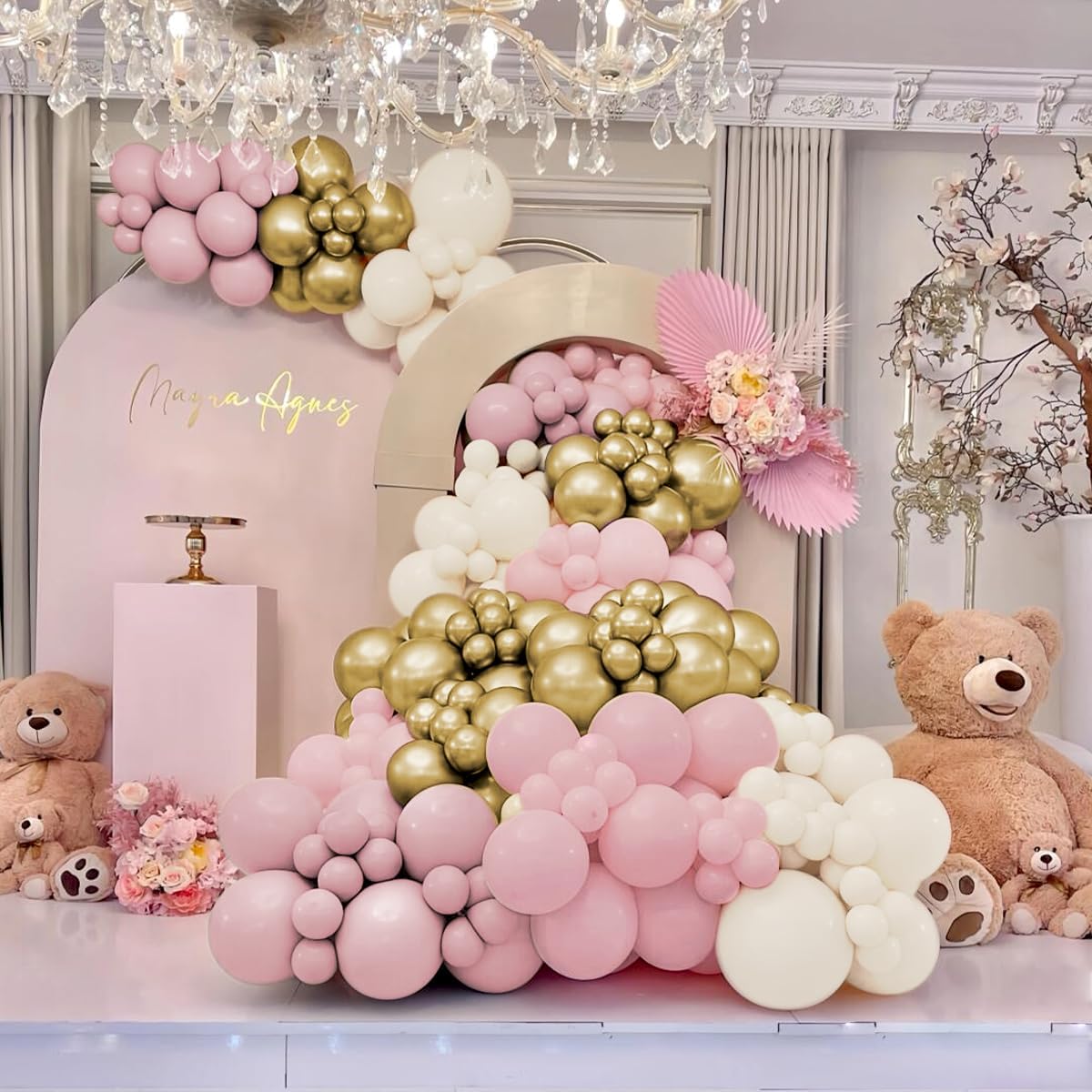 Pink White Gold Balloon Garland Arch Kit, 160Pcs Pastel Pink Matte White Metallic Gold Balloons for Girls Birthday Baby Shower Wedding Bridal Shower Party Decorations