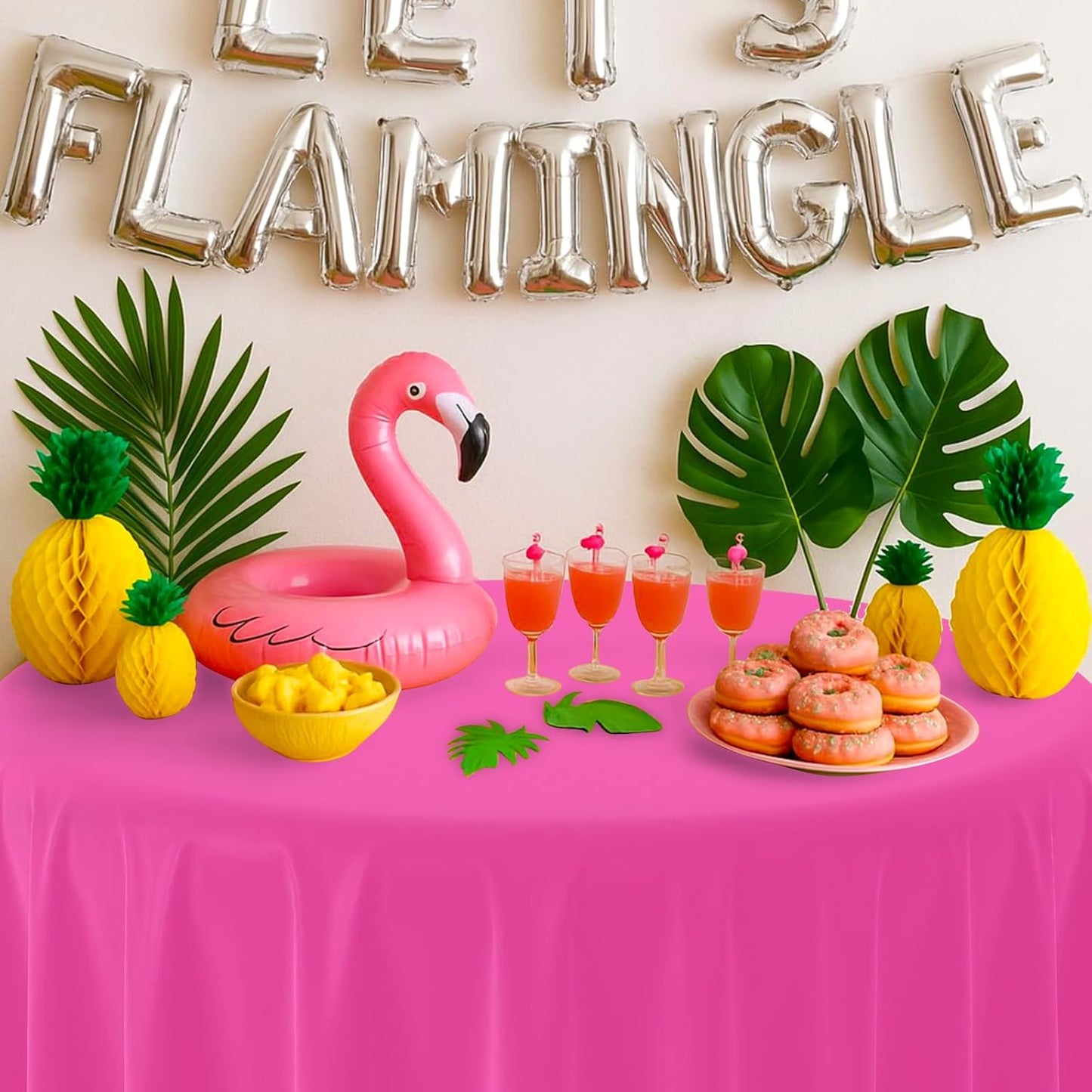 12 Pack Hawaiian Plastic Tablecloth for Round Tables, Pink Green Yellow Tropical Disposable Table Cover, Luau Round Table Cloth for Summer Flamingo Birthday Picnic Party Supplies Decorations