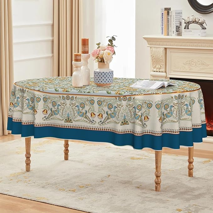 Horaldaily Floral Bordered French Tablecloth 60×84 Inch Oval, Bird Floral Vintage Washable Seasonal Table Cover for Party Picnic Dinner Decor