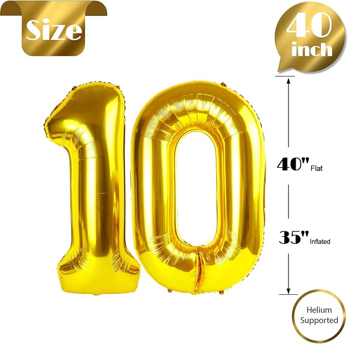 Gold Number 10 Balloon 40 inch, 10 Number Balloons, 10th Gold Birthday Decorations, 10 Year Old Girls Boys Golden Party Supplies