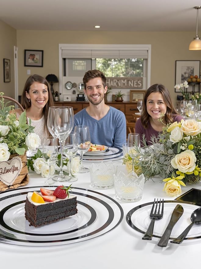 WDF 25 Pack Black Charger Plates - Clear Charges with Black Trim - 12inch Disposable Chargers Plates for Graduation Wedding Party Birthday Dinner