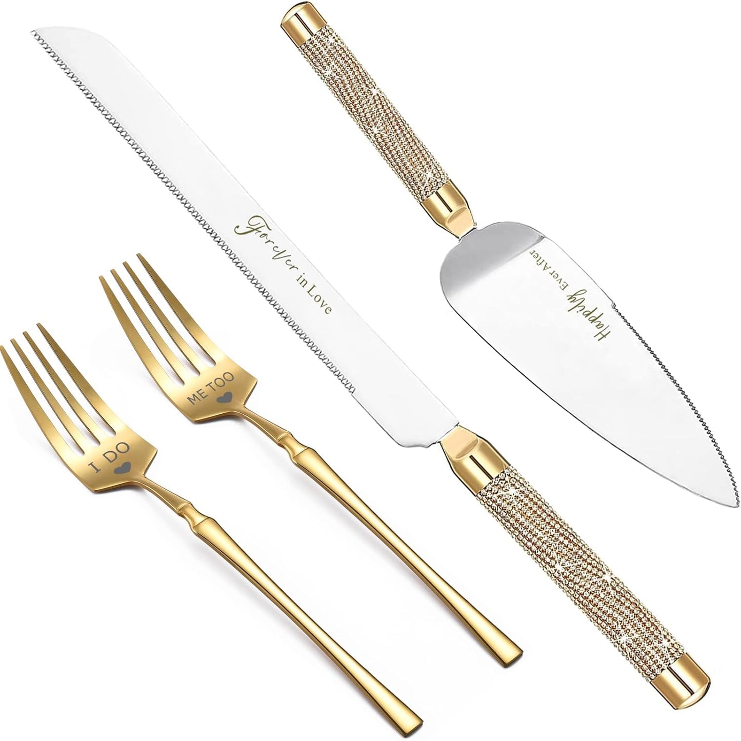 ROXBURGH Wedding Cake Knife and Server Set, 420 Stainless Steel Gold Cake Cutter and Pie Server Slicer, Rhinestones Studded Handle Cutting Set for Wedding, Engagement Present for Groom and Bride