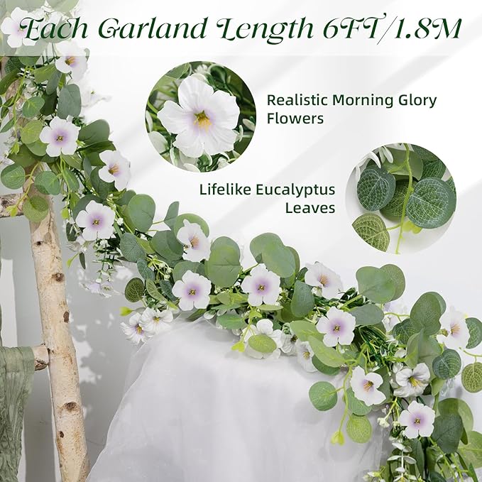 Artificial Eucalyptus Garland with Morning Glory Flowers, 2 Pack Faux Eucalyptus Leaves Greenery Garland Hanging Vines for Wedding Party Backdrop Mantle Table Arch Wall Decor, 6 FT Indoor Outdoor