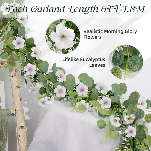 Artificial Eucalyptus Garland with Morning Glory Flowers, 2 Pack Faux Eucalyptus Leaves Greenery Garland Hanging Vines for Wedding Party Backdrop Mantle Table Arch Wall Decor, 6 FT Indoor Outdoor