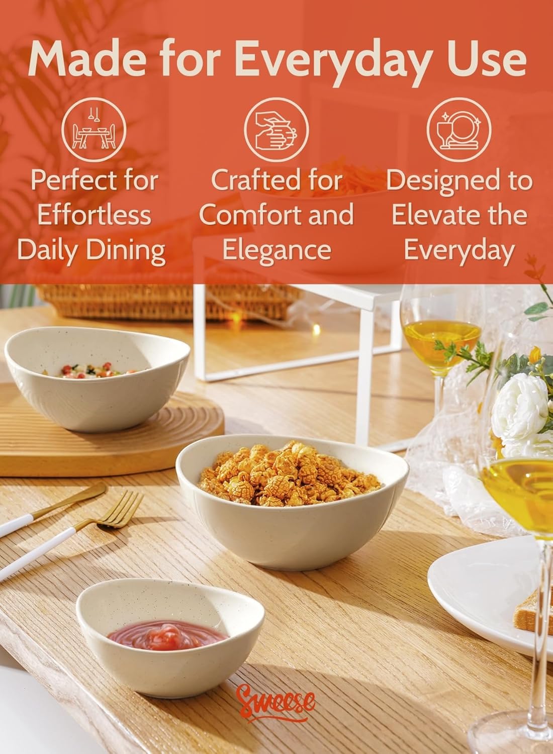 Sweese Porcelain Bowl Set - Serving, Prep, Salad, Dishwasher Microwave Safe, 10/18/28/42 oz, White Grey