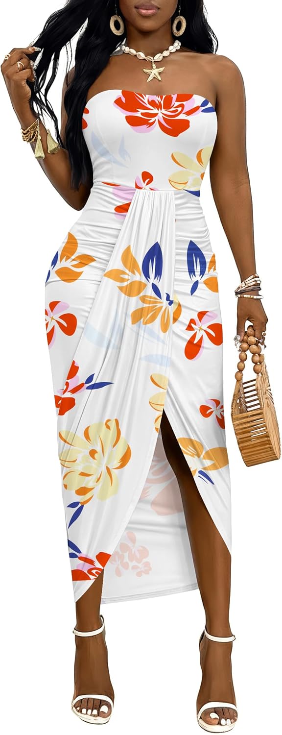 Umenlele Women's Strapless Ruched High Waist Wrap Split Asymmetrical Beach Maxi Long Dress