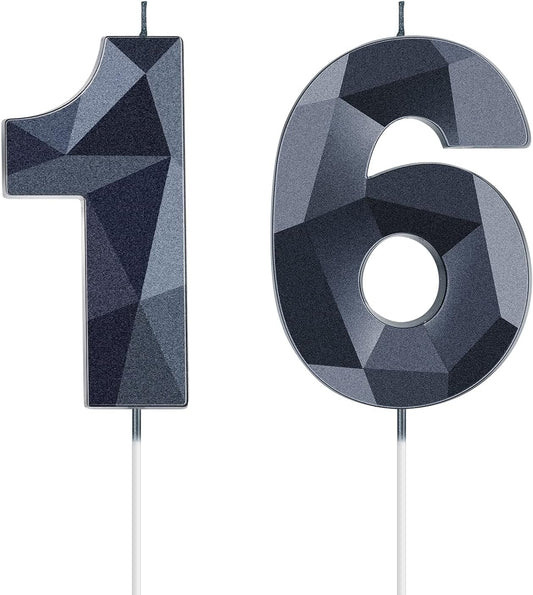 Nuanchu 16th Birthday Candles, Number Candles Happy Birthday Cake Topper 3D Diamond Shape Numeral Sparkler Candles for Men Women Party Wedding Decoration Theme Party (Black)