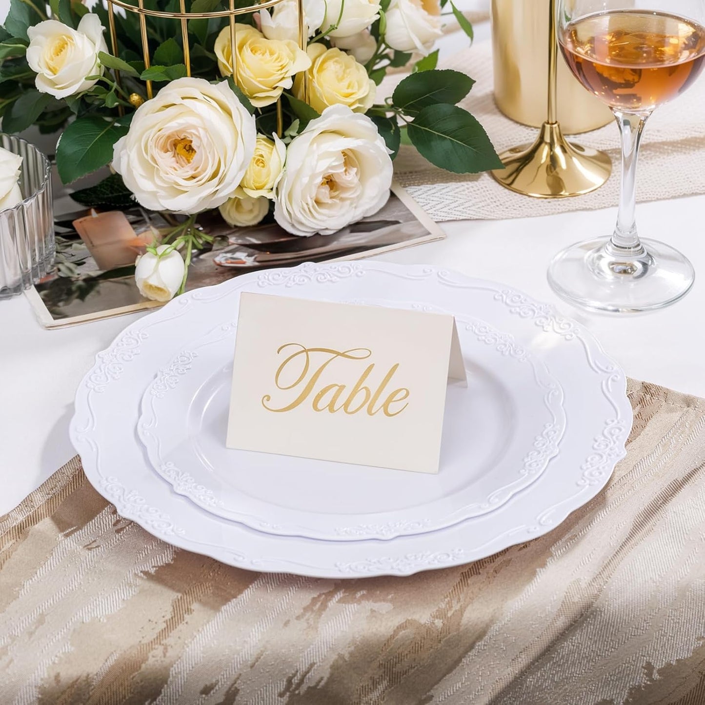 U-QE 100 Pieces White Plastic Plates - White Disposable Plates - Premium Hard Plastic Disposable Plates for Wedding and Party Use Including 50 Dinner Plates 10 '' & 50 Dessert Plates 7.5 ''