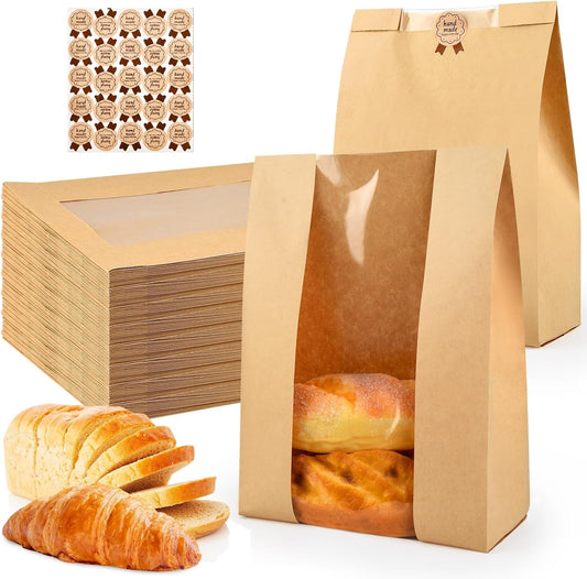 12 Pcs Bread Bags for Homemade, ROOKEA Sourdough Bread Bags with Window for Baked Paper Packaging with Sealing Stickers Bakery Cookie Food Snack Storage Large Kraft Paper 13.7x8.2x3.5 inch