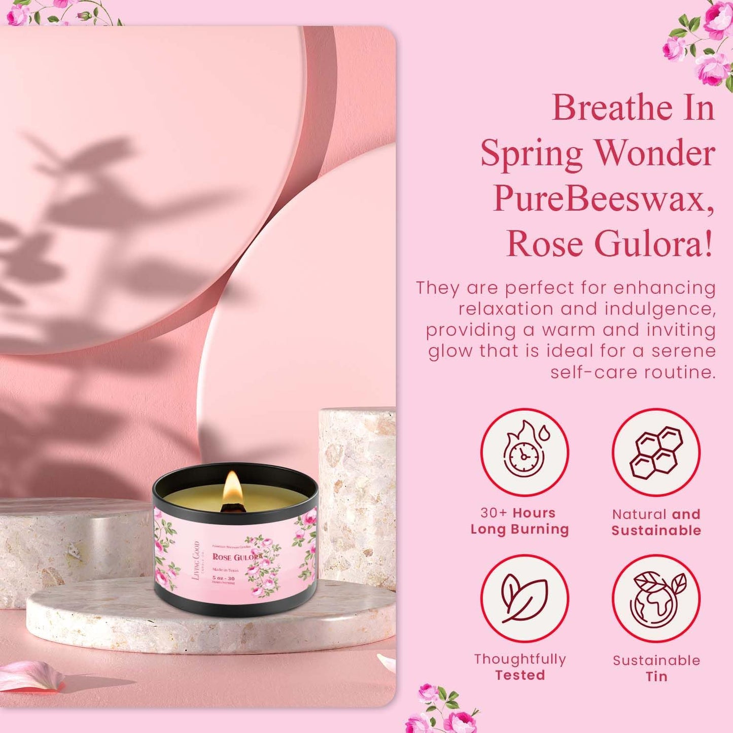Rose Gulora Pure Beeswax Candle Tin - 30+ Hours Long Burning Classically Designed Non-Toxic Scented Candles for Home Decor and Aromatherapy to Stress & Anxiety Relief with Natural Fragrance - 5 oz