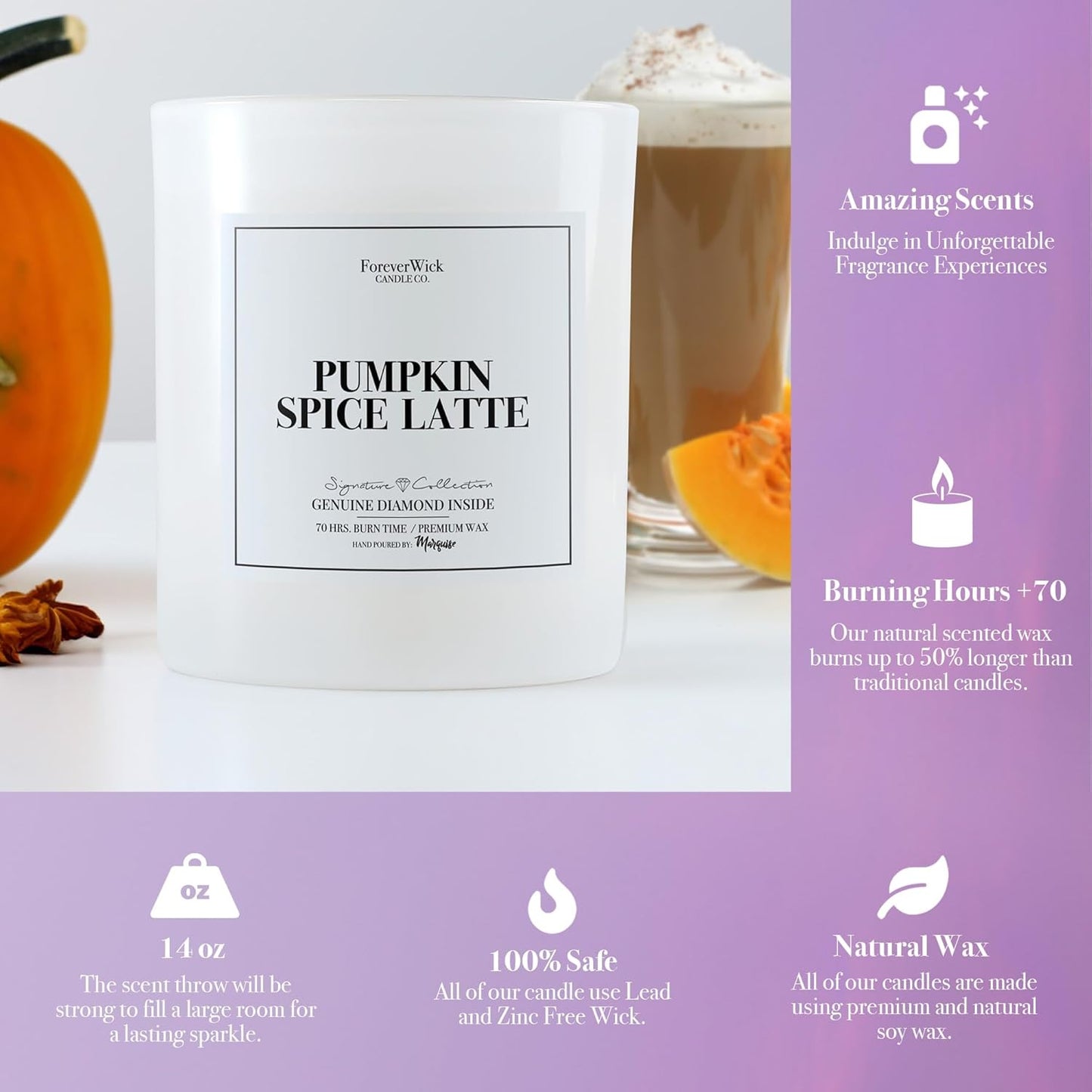 Pumpkin Spice Latte Surprise Candle with Real GIA Diamond Inside | Foreverwick Candles | Scented Soy Candles Gifts for Women Aromatherapy Candle | All-Natural Soy Candle 14oz | 70h