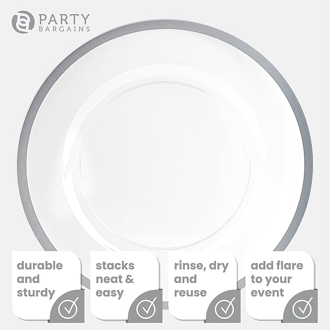 PARTY BARGAINS 13-Inch Charger Plates - 96 Pack, Clear Silver Rim, Heavy-Duty Disposable Chargers for Elegant Dining - Ideal for Weddings and Formal Events