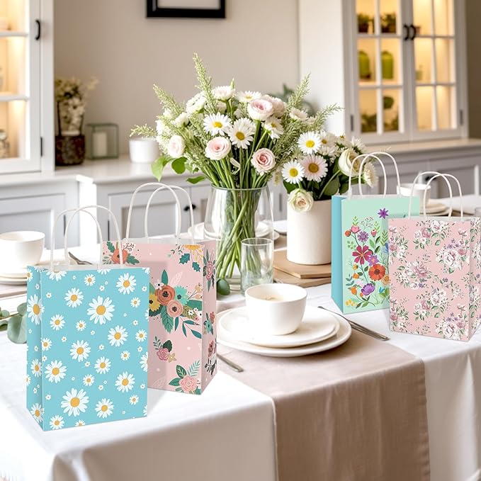Konsait 16 Pack Floral Gift Bags, Pink and Blue Wildflower Goodie Bags with Handle, Paper Flower Bag for Birthday Anniversary Mothers Day Gathering Greeting and More