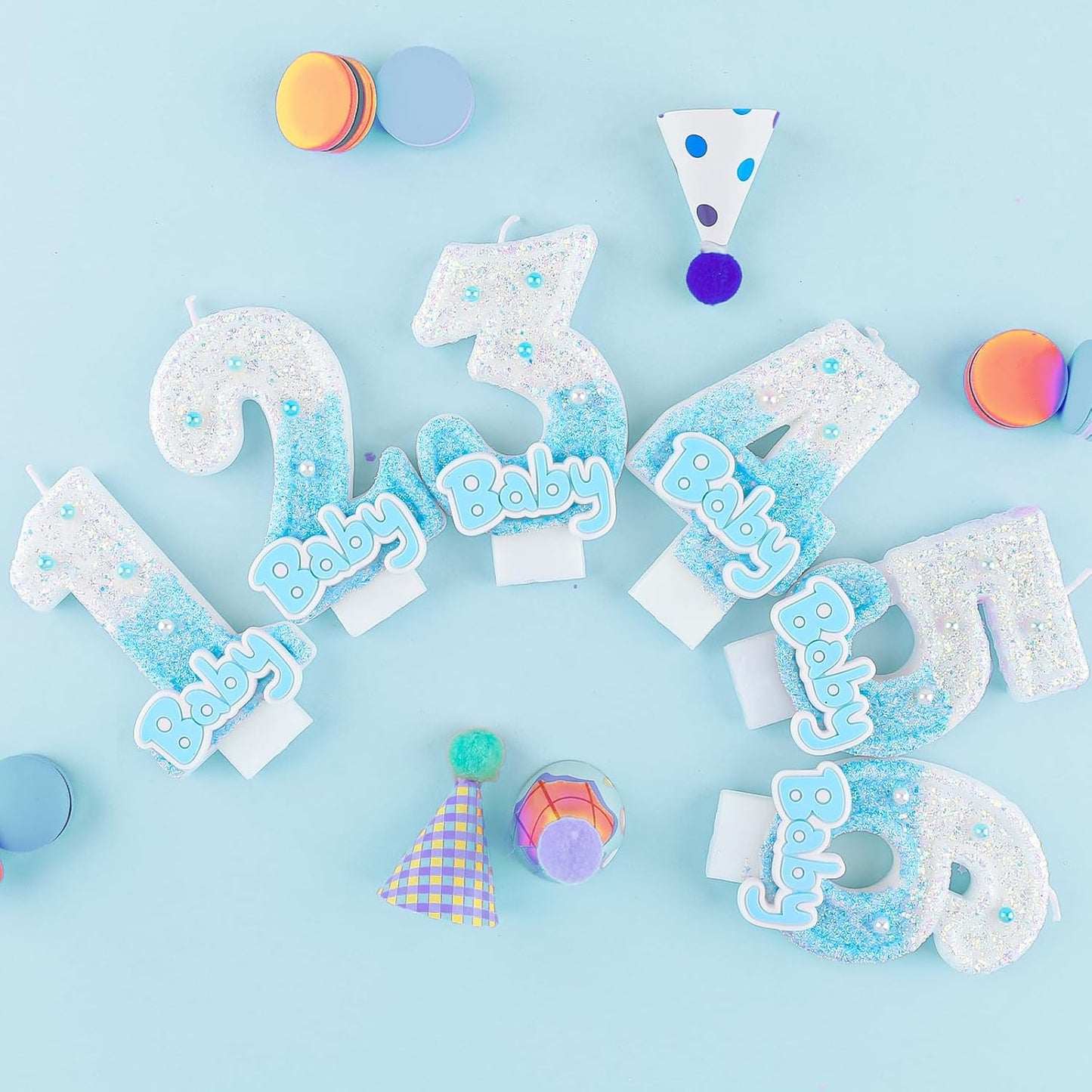 Blue Baby Birthday Number Candles, Birthday Candles for Cake, Glitter Number 5 Candle Cake Topper with Sequins for Baby Boys Girls, Baby Baptism Birthday Party Cake Decorations