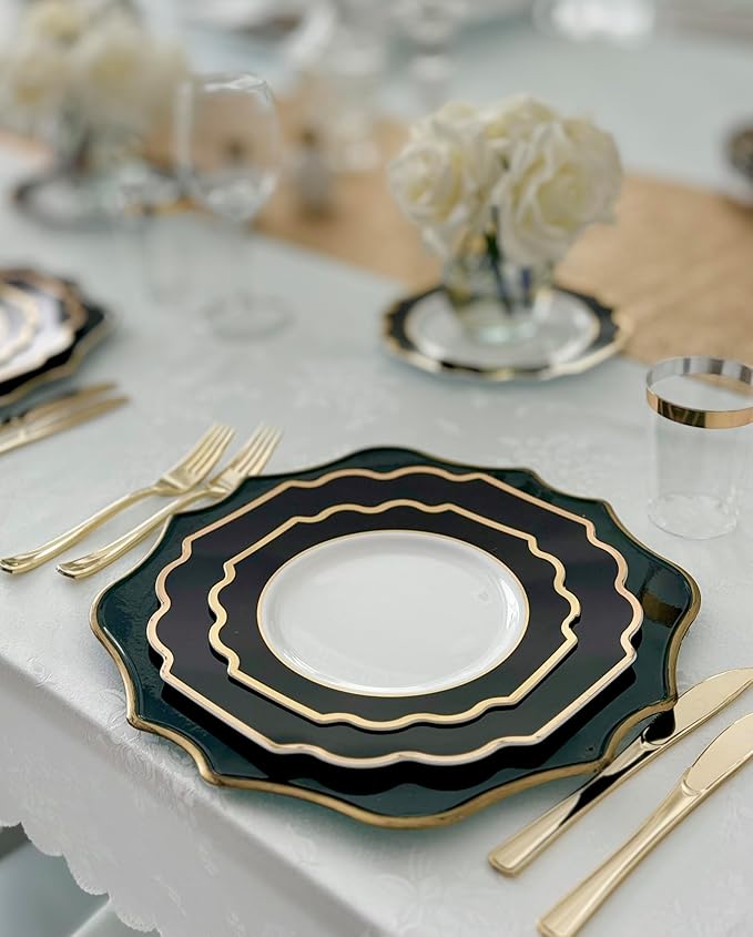 " OCCASIONS " 10 Pieces Round 13'' ACRYLIC MELAMINE Reusable Wedding Charger Plate (Scalloped Black and Gold)
