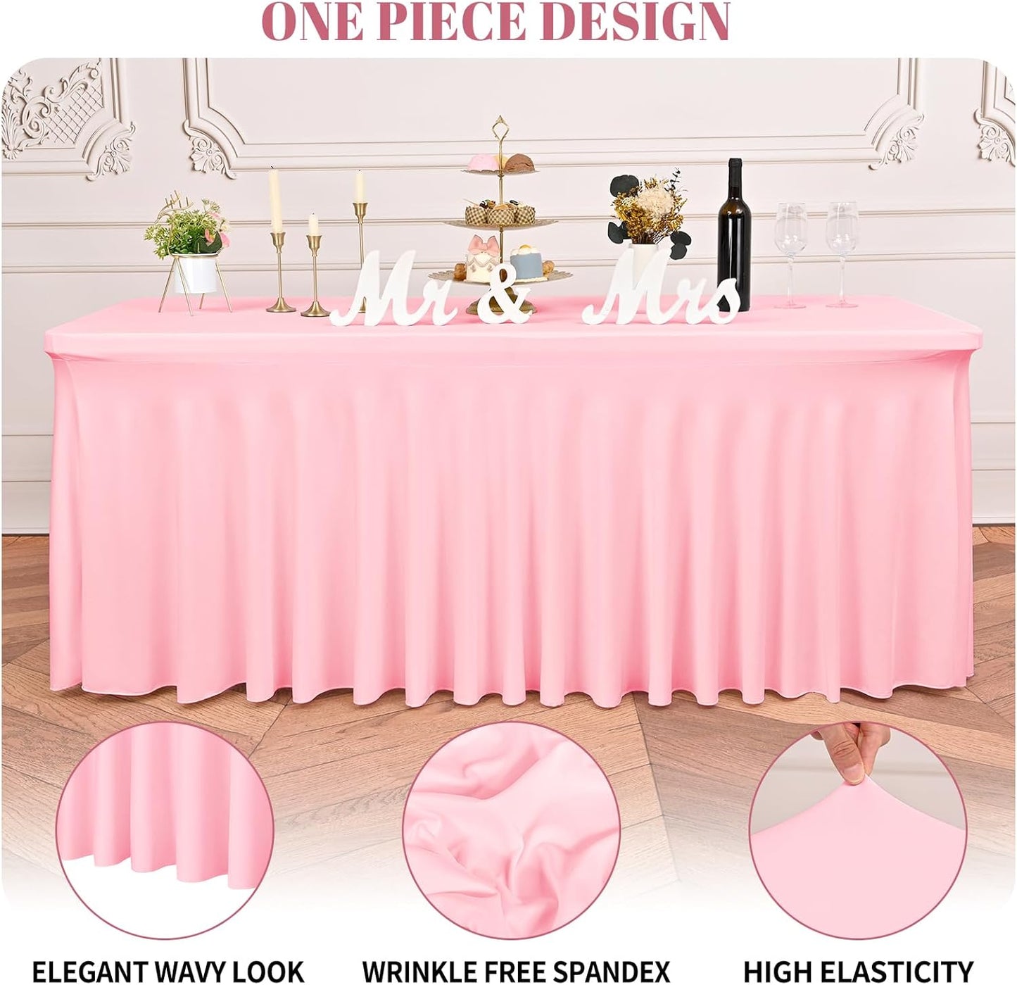 2 Packs Pink Stretch Table Skirts for 6 Foot Rectangle Table, Washable Spandex Stretch Tablecloths with Skirt, Wrinkle Resistant Fitted Tablecover for Wedding Party Banquet