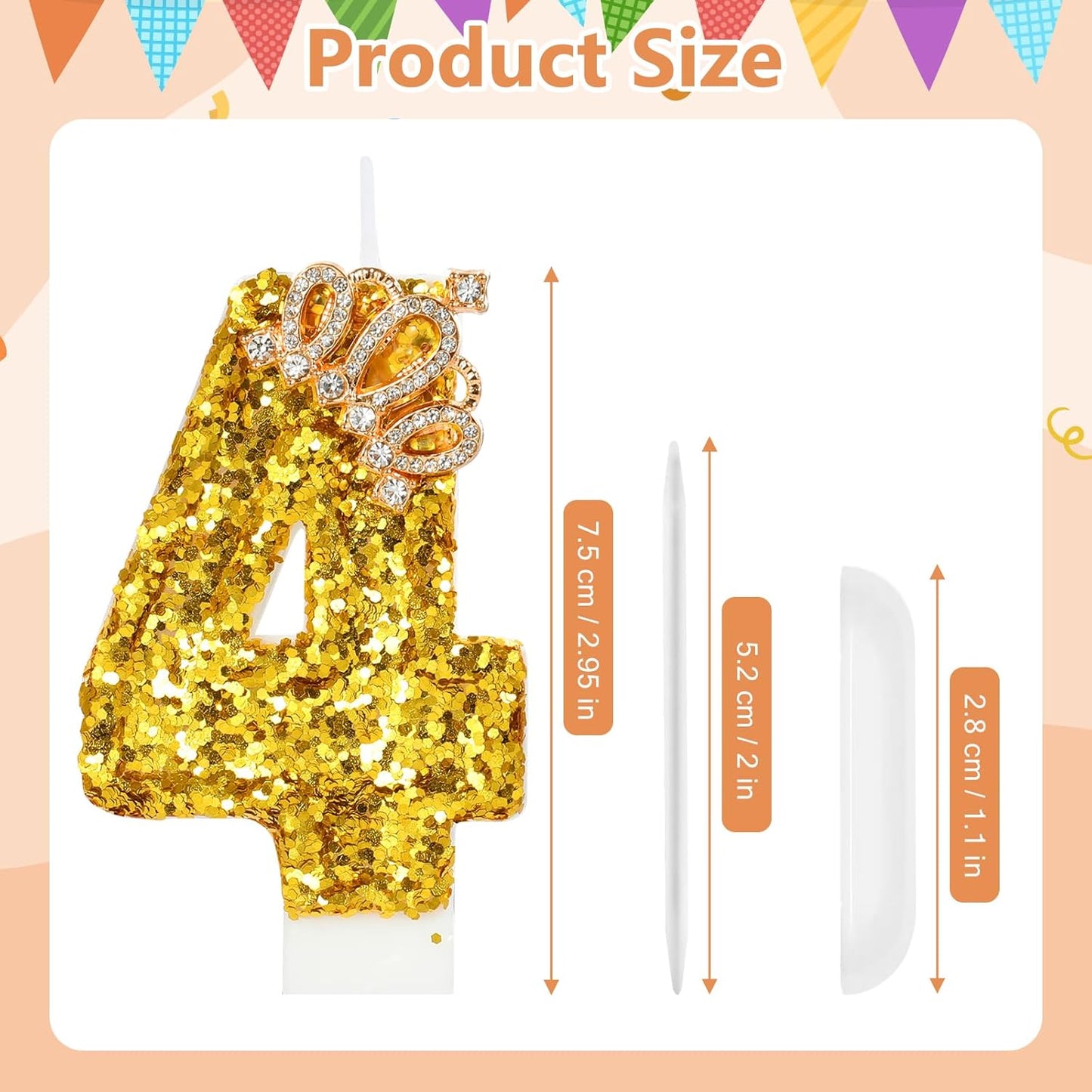 Gold Birthday Candle Crown Number 4 Candle with Sequins Cake Candles Cupcake Decorations Party Decor for Anniversary Celebrations Supplies