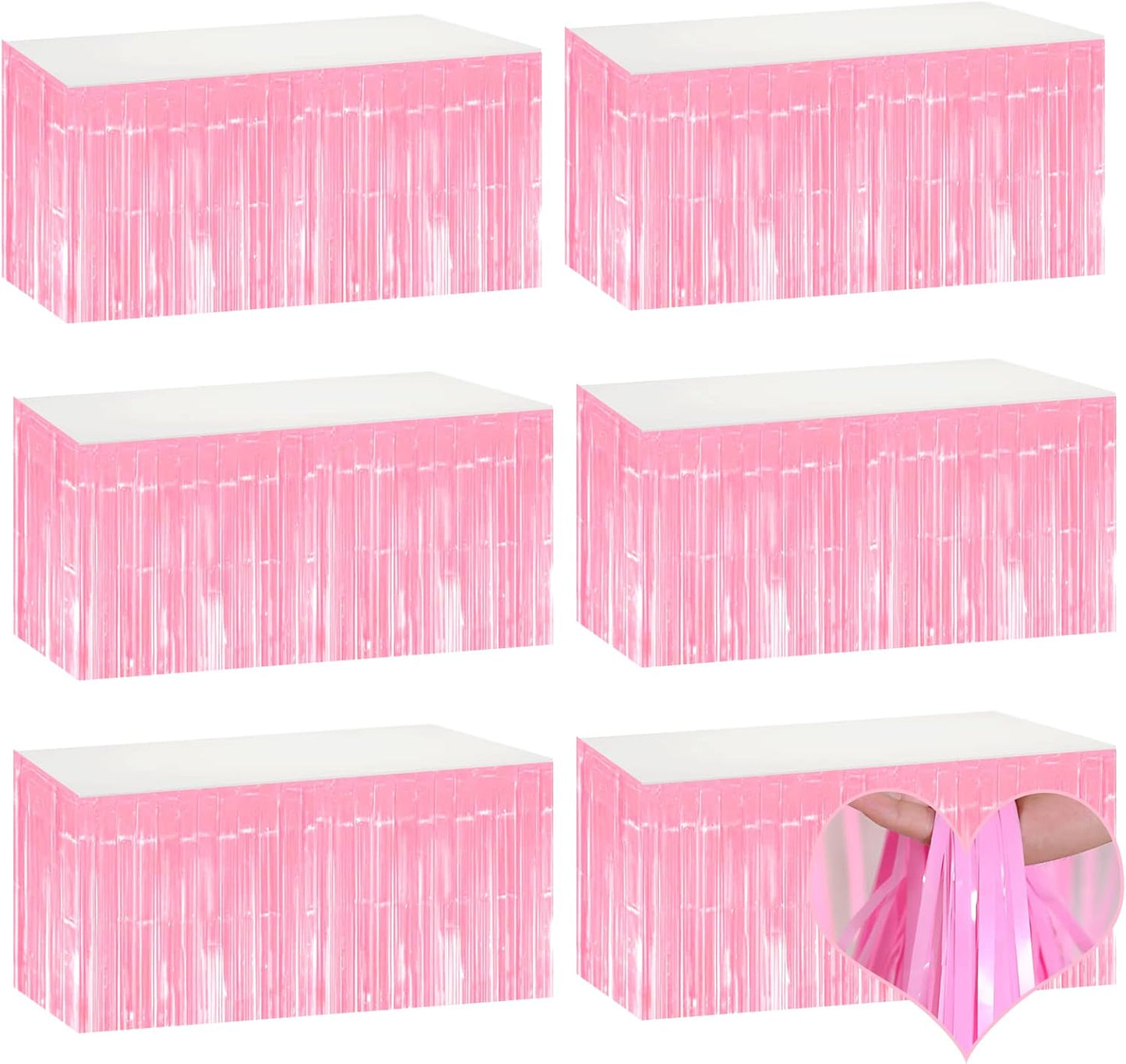 6 Pack 29x108 Inch Pink Metallic Foil Fringe Table Skirts Banner for Tinsel Streamer Garland Curtains Backdrop for Parade Floats Wedding Baby Shower Birthday Christmas Halloween Party Decoration