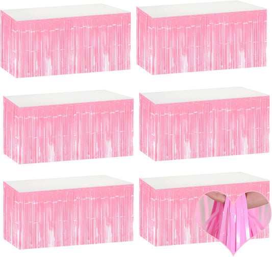 6 Pack 29x108 Inch Pink Metallic Foil Fringe Table Skirts Banner for Tinsel Streamer Garland Curtains Backdrop for Parade Floats Wedding Baby Shower Birthday Christmas Halloween Party Decoration