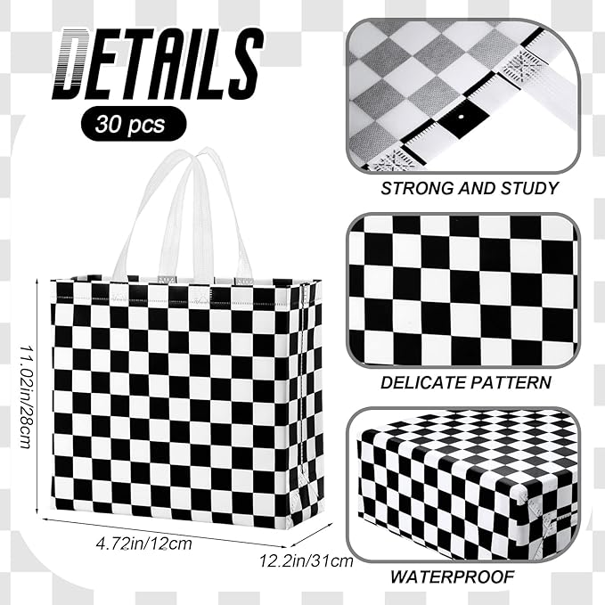 Abbylike 30 Pack Checkered Racing Race Car Gift Bag Bulk Large Goodie Bag Black White Non Woven Tote for Car Birthday Party