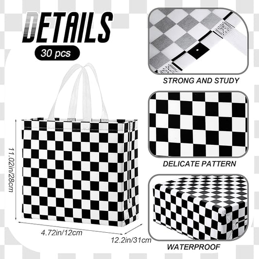 Abbylike 30 Pack Checkered Racing Race Car Gift Bag Bulk Large Goodie Bag Black White Non Woven Tote for Car Birthday Party