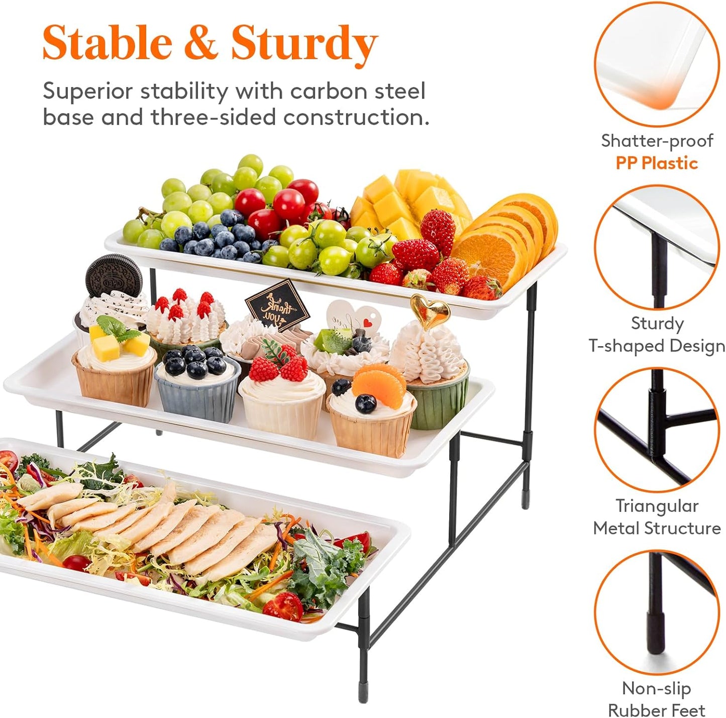 Lifewit 3 Tier Serving Tray, 14" x 6.5" White Plastic Tiered Food Serving Platters, Tiered Tray Stand for Party with Black Collapsible Metal Stand, Dessert Display Stands for Cookies, Crackers