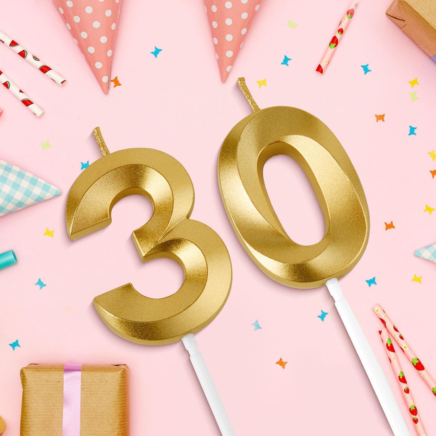 Birthday Candles, 1.96 Inch Number 30 Happy Birthday Candles, Number Candles Decoration for Birthday Party and Anniversary Celebration(Champagne Gold)