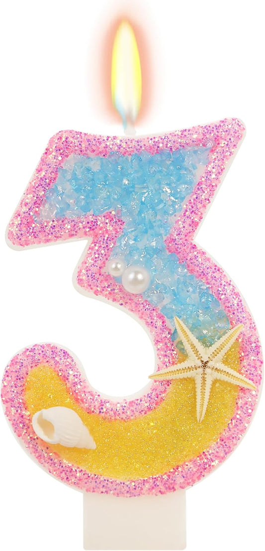 3rd Birthday Candle for Cake, Pink Beach Starfish Sequins Number Cake Candles, 2.76 inch Pink Cake Topper Decoration for Birthday Party (Number 3)