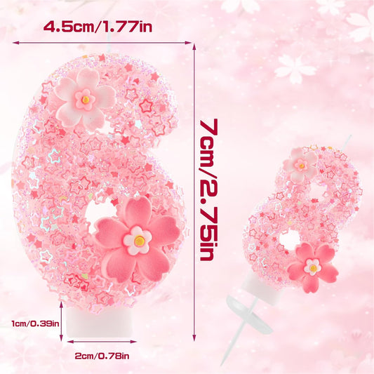 Cherry Blossom Pink Number 1 Birthday Candle, 2.8in Cute Shiny 1st Happy Birthday Candle with Tray & Stick Girls One Candle for First Birthday Ideal Birthday Parties Cake Decoration & Gifts