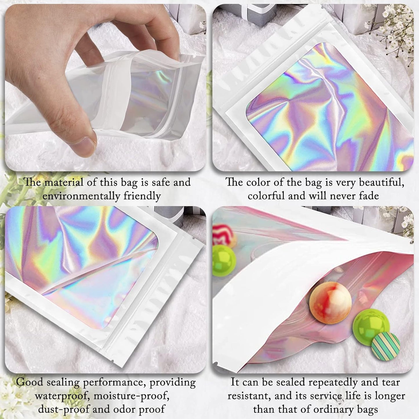 100 Pieces Smell Proof Mylar Bags, Holographic Packaging Bags, Resealable Odor Foil Pouch Zipper Bag with Clear Window for Food Storage and Lipgloss, Jewelry Lash (White, 4.3 x 7.5 Inch)