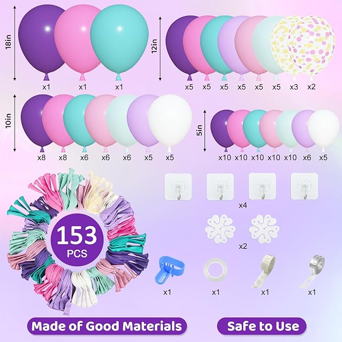 Amandir 153 Pcs Pink Purple Balloons Arch Garland Kit, Different Sizes 18 12 10 5 inch Purple Blue Pink Gold Confetti Pastel Unicorn Balloon for Wedding Shower Princess Birthday Party Decorations
