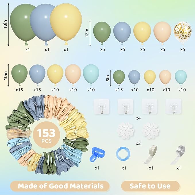 Amandir 153pcs Blue and Yellow Balloon Arch Kit, Different Sizes 18 12 10 5 inch Sage Green Dusty Haze Blue Pastel Yellow Cream Gold Confetti Balloons for Birthday Party Bear Baby Shower Decorations